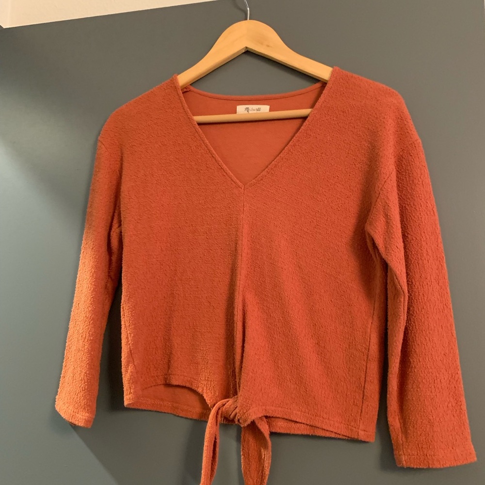 Madewell burnt orange 3/4 sleeve tie front top
